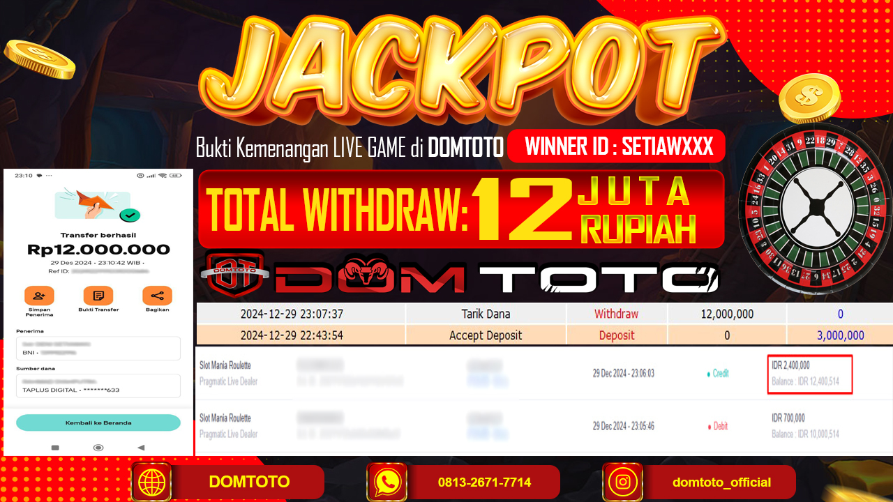 JACKPOT LIVE GAME SLOT MANIA ROULETTE 29 DESEMBER 2024